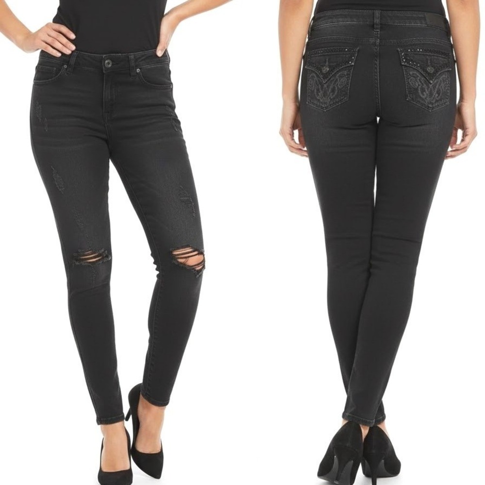 Bebe Black Distressed‎ Skinny Jeans Size 31 Rhinestone Flap Pockets Y2K Stretch